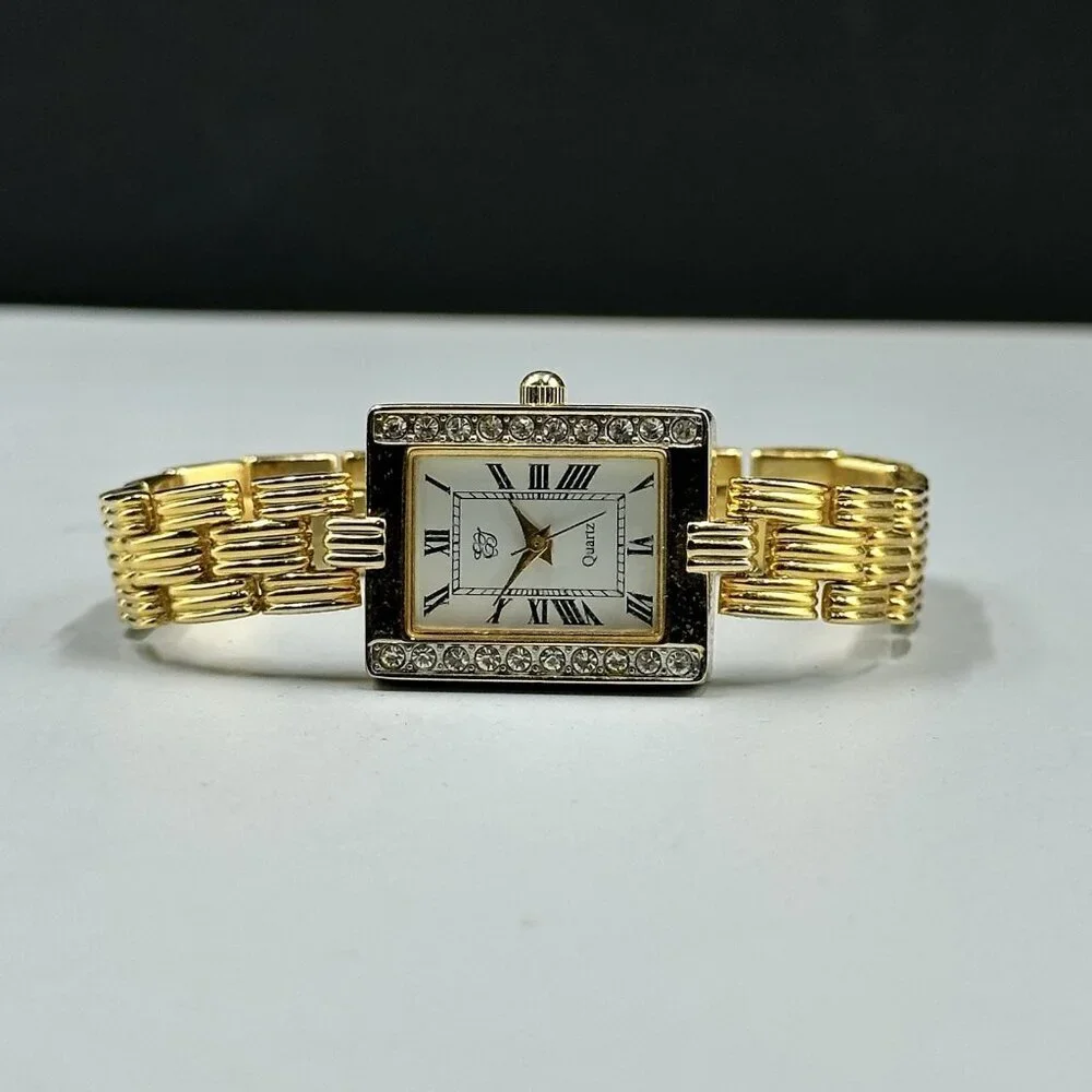 Elizabeth Taylor Watch Women Gold Tone Rectangle Case New Battery 6.75 Inch